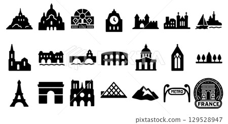 Famous French architecture and tourist attractions silhouette icon set Famous French architecture and tourist attractions silhouette icon set 129528947