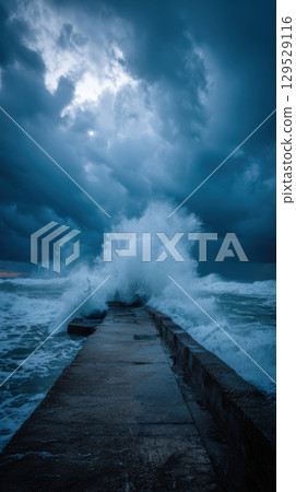 Stormy sea waves crash against concrete pier under dramatic dark clouds, intense atmosphere Stormy sea waves crash against concrete pier under dramatic dark clouds, intense atmosphere 129529116
