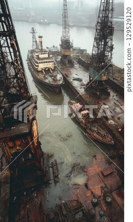 Abandoned shipyard rusted ships old cranes murky water industrial decay urban fog 129529120