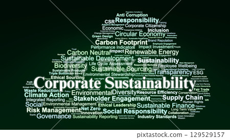 Corporate Sustainability Word Cloud. Key Concepts On ESG, Ethical Governance, Responsible Practices, and Long-Term Environmental and Social Impact Strategies. Corporate Sustainability Word Cloud. Key Concepts On ESG, Ethical Governance, Responsible Practices, and Long-Term Environmental and Social Impact Strategies. 129529157
