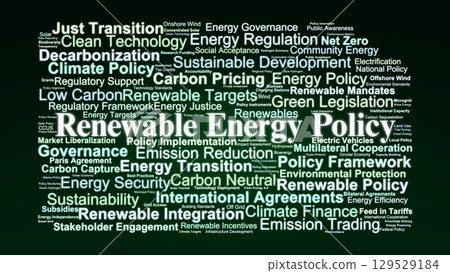 Renewable Energy Policy Word Cloud. Key Concepts On Governance, Legislation, Climate Goals, Technology Standards, And Sustainable Development Strategies. 129529184