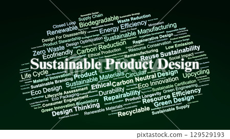 Sustainable Product Design Word Cloud. Key Concepts On Ecofriendly Materials, Circular Innovation, Carbon Neutral Manufacturing, And Responsible Product Development. 129529193
