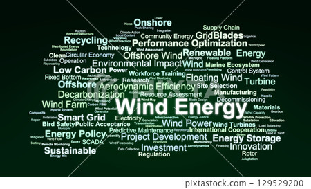 Wind Energy Word Cloud. Key Concepts On Turbines, Offshore And Onshore Power, Renewable Technology, Policy, And Sustainability Strategies. Wind Energy Word Cloud. Key Concepts On Turbines, Offshore And Onshore Power, Renewable Technology, Policy, And Sustainability Strategies. 129529200