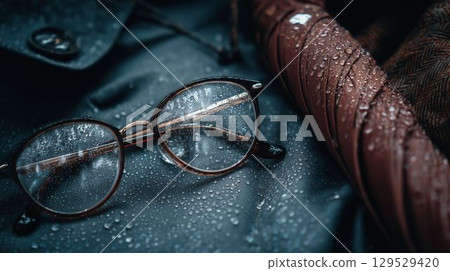 Glasses and raincoat with raindrops 129529420