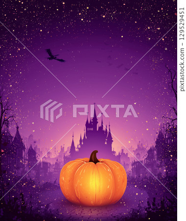 萬聖節傳單插圖：紫色背景上的大南瓜和城堡輪廓 129529451