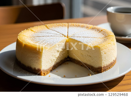 Classic Baked Cheesecake with Powdered Sugar Topping on a White Plate 129529468
