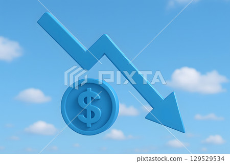 帶有箭頭和美元符號的商業圖表圖標，表示外匯或外匯價格呈下降趨勢 129529534