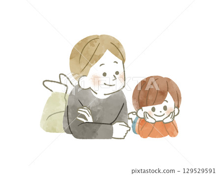 Smiling parent and child looking in the same direction - watercolor 129529591