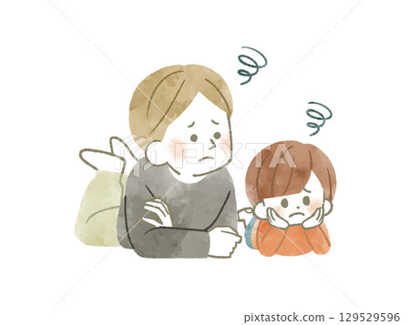 父母和孩子帶著困惑的表情望向同一個方向——水彩畫 父母和孩子帶著困惑的表情望向同一個方向——水彩畫 129529596