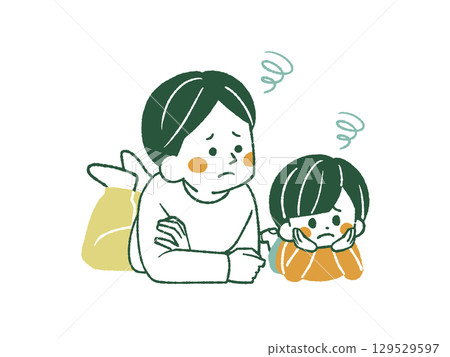 Parent and child looking in the same direction with a troubled expression - 4 colors 129529597