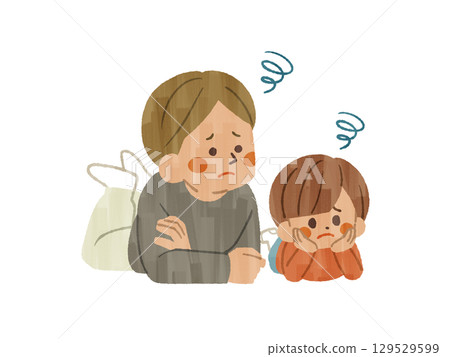 A parent and child looking in the same direction with a troubled expression - Gash A parent and child looking in the same direction with a troubled expression - Gash 129529599