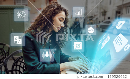Woman working on laptop in urban environment with technology icons representing digital communication and data analysis 129529612
