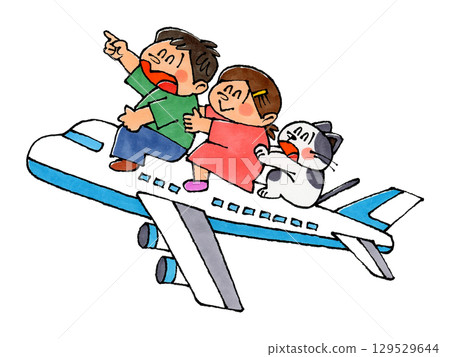 飛機上的小孩和貓 129529644