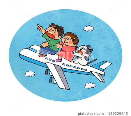 飛機上的孩子和貓（水彩藍天） 129529645