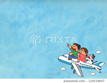 飛機上的孩子和貓複製空間（水彩藍天） 129529647