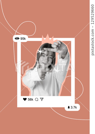 Young woman expressing positivity with thumbs-up gesture in creative social media post design 129529660