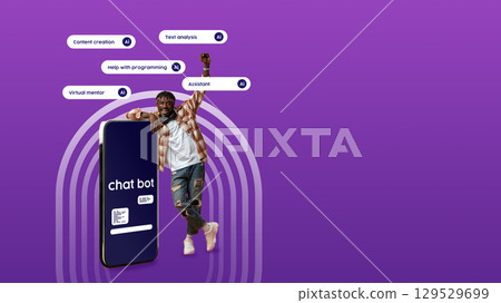 Enthusiastic individual showcasing chatbot capabilities in a vibrant digital environment focusing on innovative technology and support 129529699