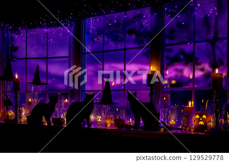 Halloween silhouettes of cats by the window against a purple night sky (AI-generated image) 129529778