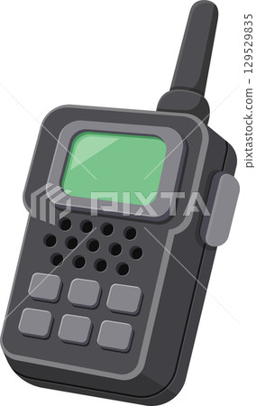 Cartoon image of a gray walkie-talkie with a green screen display for portable communication use. 129529835