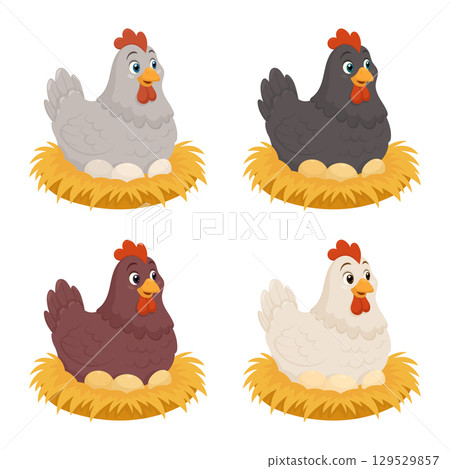Four colorful cartoon hens sitting on nests with eggs. Farm animal vector illustration. 129529857