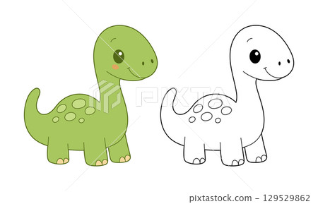 A cute green dinosaur and its black and white outline version, both featuring a smiling expression. 129529862