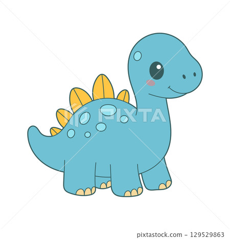 A charming cartoon dinosaur with a friendly smile, light blue skin, and yellow plates on its back. 129529863