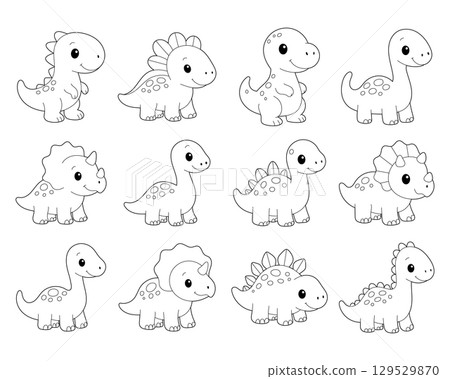 Cartoon dinosaurs pattern featuring adorable outlined dinosaurs in various shapes and sizes in monochrome. 129529870