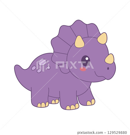 Cute purple triceratops cartoon with yellow horns and a frill on a white background. Adorable dinosaur. Cute purple triceratops cartoon with yellow horns and a frill on a white background. Adorable dinosaur. 129529880