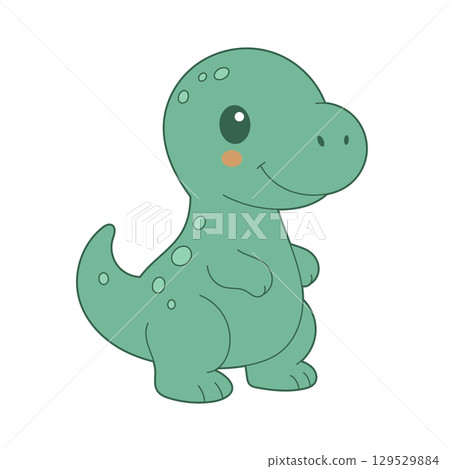 Cute cartoon dinosaur with green skin and simple design, perfect for children's illustrations or educational resources. Cute cartoon dinosaur with green skin and simple design, perfect for children's illustrations or educational resources. 129529884