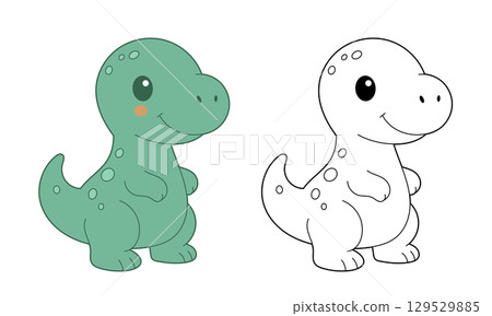 Adorable dinosaur illustration, half colored in light green, half in black and white for coloring page. 129529885