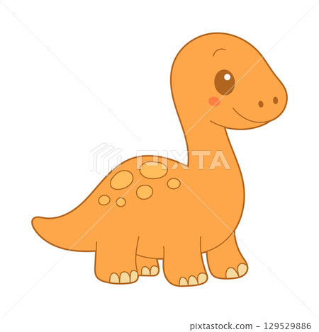 Adorable cartoon dinosaur with a long neck, cute spots, and a sweet smile. Friendly dinosaur illustration. 129529886