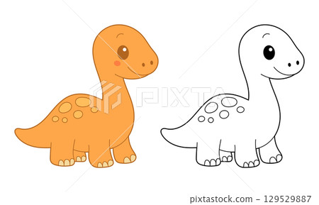 Cute Cartoon Dinosaurs: One colored orange, one in black and white, perfect for coloring pages. 129529887