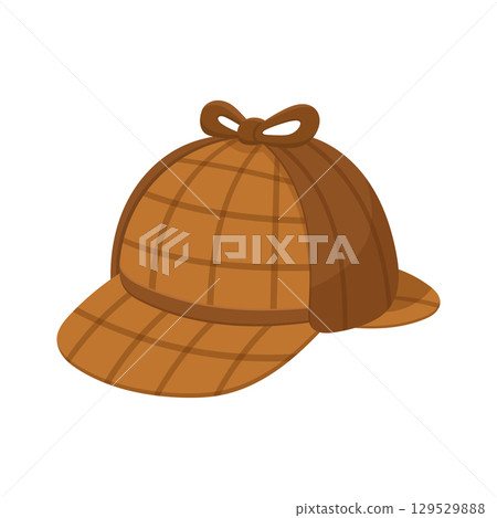 Brown plaid deerstalker hat with ear flaps tied on top in a bow, traditionally worn by detectives. 129529888