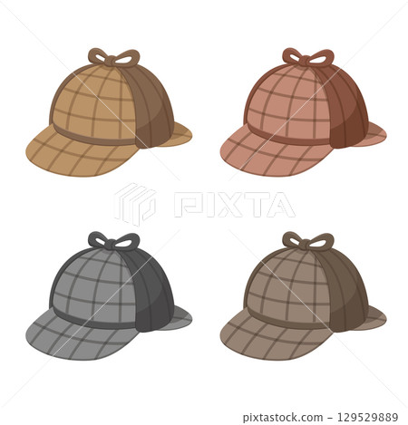 A collection of four stylized detective hats in various earth-tone shades, displaying their plaid patterns. 129529889