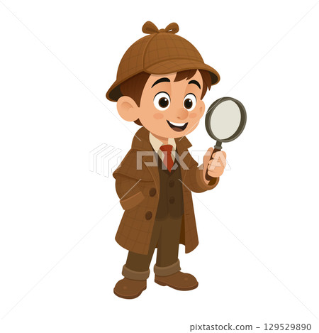 Young boy dressed as a detective holding a magnifying glass, ready to solve a mystery with a smile. Young boy dressed as a detective holding a magnifying glass, ready to solve a mystery with a smile. 129529890