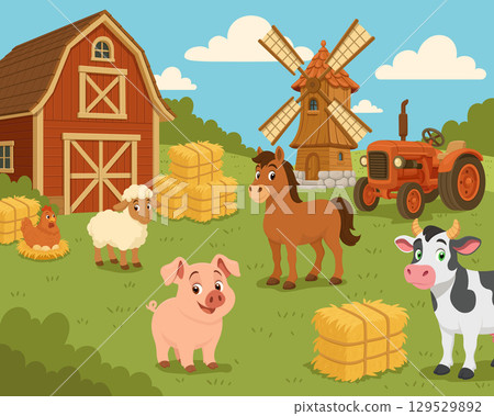 Farm scene with barn, animals, windmill, and tractor on a sunny day. Cheerful countryside illustration. 129529892