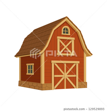 Cartoon red barn with brown roof and yellow trim isolated on white. Double doors and small windows. Cartoon red barn with brown roof and yellow trim isolated on white. Double doors and small windows. 129529893