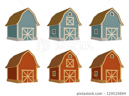Collection of illustrated barns in different colors, cartoon styled country farm building on white backdrop Collection of illustrated barns in different colors, cartoon styled country farm building on white backdrop 129529894