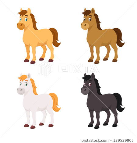 Four cartoon horses of different colors stand side by side against a white background. Four cartoon horses of different colors stand side by side against a white background. 129529905