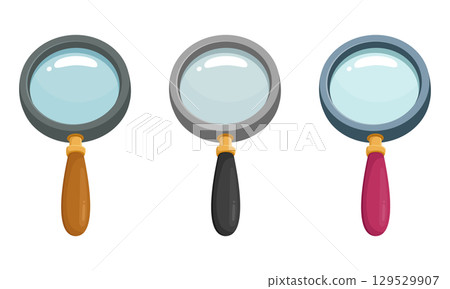 Three magnifying glasses with different colored handles for detailed inspection and careful observation. 129529907