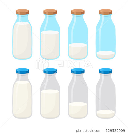 Glass bottles show decreasing levels of white liquid, displaying consumption, usage, and a visual sequence. Glass bottles show decreasing levels of white liquid, displaying consumption, usage, and a visual sequence. 129529909
