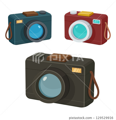 A collection of cartoon cameras in black, blue, and red, each showcasing a distinct vintage design. 129529916