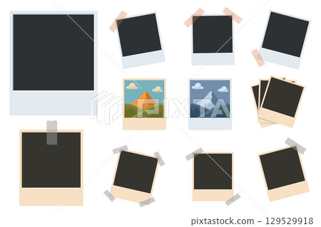A collection of instant photo frames, some blank, some with mountain landscapes, arranged creatively. A collection of instant photo frames, some blank, some with mountain landscapes, arranged creatively. 129529918