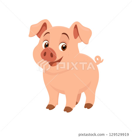 A cartoon pig with a cheerful expression stands on a white background, showcasing its playful design. A cartoon pig with a cheerful expression stands on a white background, showcasing its playful design. 129529919