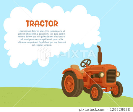 A stylized, orange tractor depicted on a green field with a cloud backdrop, suitable for children. A stylized, orange tractor depicted on a green field with a cloud backdrop, suitable for children. 129529928