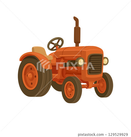 An orange vintage tractor with large back tires and a seat, prepared for working in the fields. 129529929