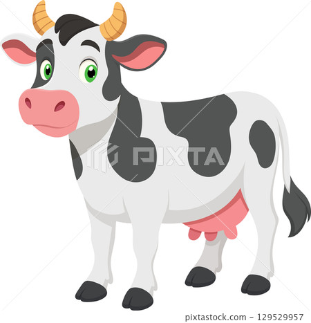 Cartoon cow with black and white spots, friendly expression, isolated on transparent background. Cartoon cow with black and white spots, friendly expression, isolated on transparent background. 129529957