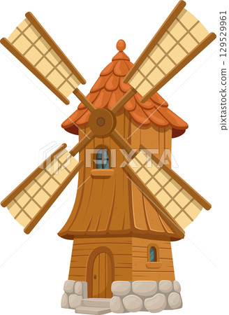 Charming cartoon-style windmill with a wooden facade and rustic stone foundation. Four sails at the top. 129529961