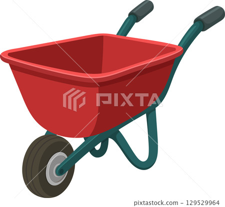 Red wheelbarrow with a single wheel, teal handles, and a red bed is ready for gardening projects. Red wheelbarrow with a single wheel, teal handles, and a red bed is ready for gardening projects. 129529964