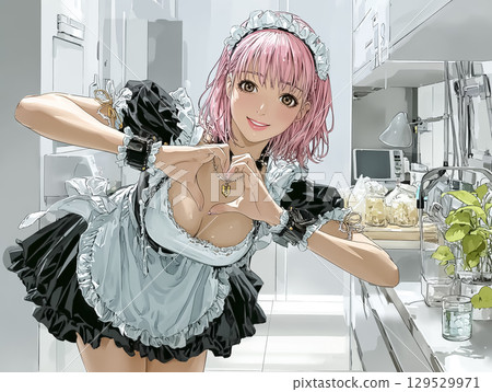 Illustration material of an attractive young woman making a finger heart pose at a maid cafe 129529971